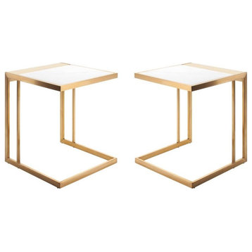 Home Square Ethan Square Marble Top End Table in Gold and White - Set of 2
