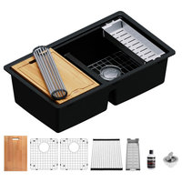 Karran Undermount 32.5 in. Double 50/50 Bowl Workstation Kitchen Sink, Black