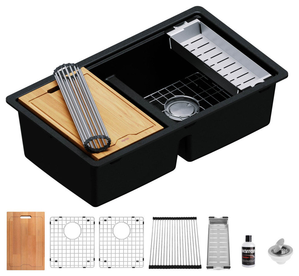 Karran Undermount 32.5 in. Double 50/50 Bowl Workstation Kitchen Sink, Black