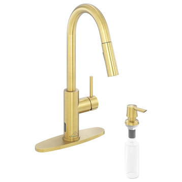 Touchless Pull Down Single Handle Kitchen Faucet With LED Function, Brushed Gold