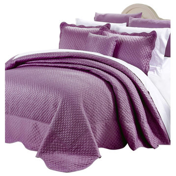 Matte Satin Quilted 4 Piece Bedspread Set, Purple, Queen