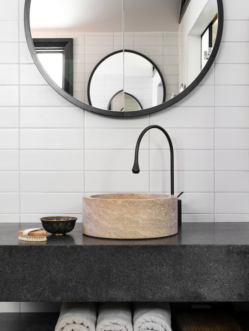 Modern Powder Room Sydney Example of a trendy powder room design in Sydney with a vessel sink, white tile