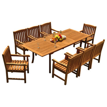 9-Piece Outdoor Teak Dining Set, 94" Extension Table, 8 Devon Arm Chairs