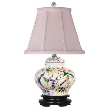 Floral and Bird Motif Porcelain Ginger Jar Table Lamp 16.5"