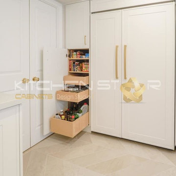Painted mdf custom shaker with quartz counter and back splash