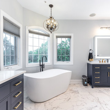 Master bathroom remodeling in Chesapeake with standing shower + corner bathtub