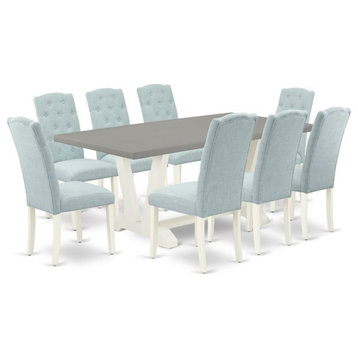 East West Furniture V-Style 9-piece Wood Dining Table Set in White/Baby Blue