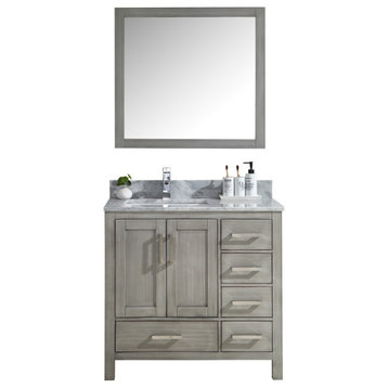 36" Distressed Gray Single Vanity, Marble Top, Sink and No Mirror, Right Version
