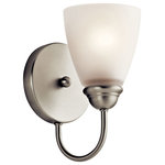 Kichler Lighting - Kichler Lighting 45637NIL18 Jolie - 9" 10W 1 LED Wall Sconce - Enjoy the splendor of this Chrome 1 light LED wall sconce from the refreshing Jolie Collection. The clean lines are beautifully accented by satin etched glass. Jolie is the perfect transitional style for a variety of homes.  Mounting Direction: Up/Down  Shade Included: TRUE  Dimable: TRUE  Color Temperature:   Lumens:   CRI: 92Jolie 9" 10W 1 LED Wall Sconce Brushed Nickel Satin Etched Glass *UL Approved: YES  *Energy Star Qualified: YES *ADA Certified: n/a  *Number of Lights: Lamp: 1-*Wattage:10w A19 LED bulb(s) *Bulb Included:Yes *Bulb Type:A19 LED *Finish Type:Brushed Nickel
