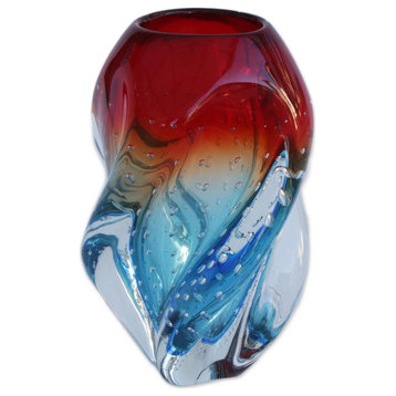Novica Handmade Blue And Red Twist Art Glass Vase