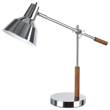 40042, 24 1/2" High Modern Metal Desk Lamp, Chrome Finish With Wood Accents
