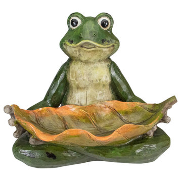14" Green Frog With Leaf Birdfeeder Outdoor Garden Statue