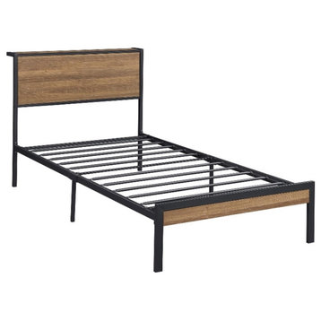 Pemberly Row Contemporary Metal Twin Platform Bed Light Oak and Black