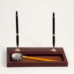 Tan Leather Double Pen Stand - Desk Accessories