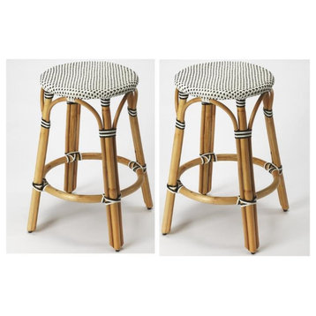 Home Square 2 Piece Traditional Rattan Counter Stool Set in Black
