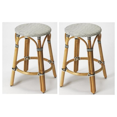 Home Square 2 Piece Traditional Rattan Counter Stool Set in Black