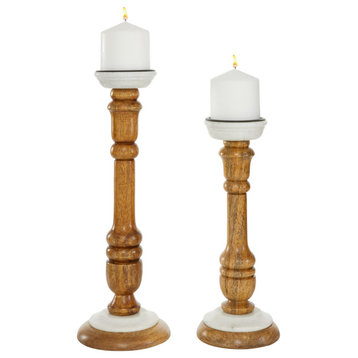 Set Of 2 Contemporary 12 And 15" Mango Wood Pedestal Candle Holders