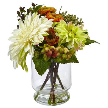 Mixed Dahlia And Mum With Glass Vase