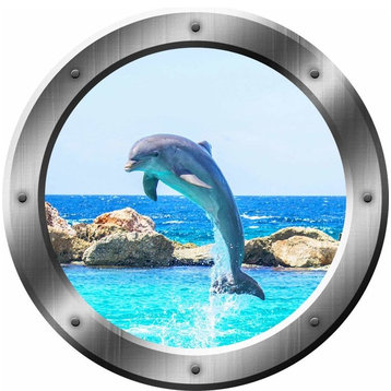 VWAQ Dolphin Porthole Porpoise Wall Decal 3D Sticker Sea Life Wall Decor, 14"H