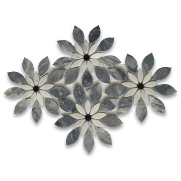 Bardiglio Gray Marble Wildflower Waterjet Mosaic Carrara & Nero Honed, 1 sheet
