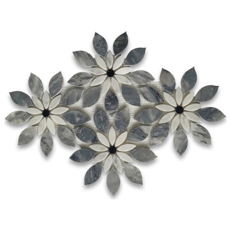 Bardiglio Gray Marble Wildflower Waterjet Mosaic Carrara & Nero Honed, 1 sheet