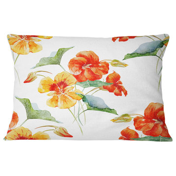 Watercolor Nasturtium Flower Pattern Floral Throw Pillow, 12"x20"