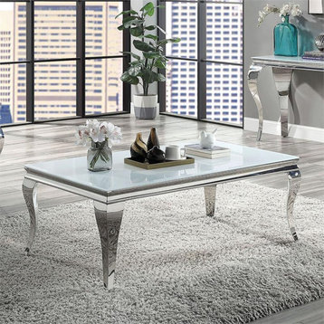 Bowery Hill Glam Glass Top Coffee Table in White and Silver Finish