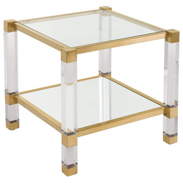 Modern Square End Table, Elegant Stainless Steel Frame & Acrylic Legs, Brass