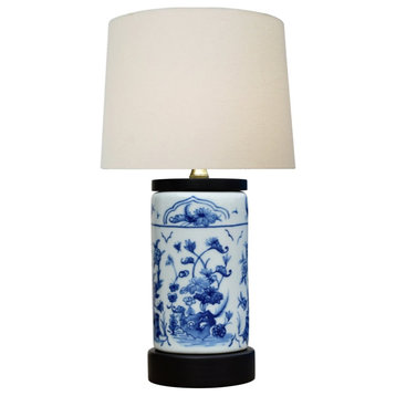 Blue and White Canton Floral Cylinder Lamp, 15"