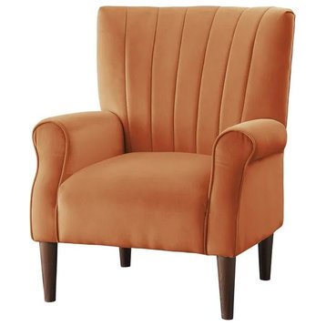 Transitional Armchair, Velvet Seat With Rolled Arms and Channel Back, Orange