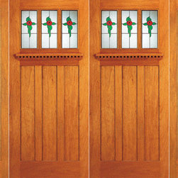 3-Lite Stained Glass Mission Style, Mahogany Double Door, 2-Sidelite - Front Doors
