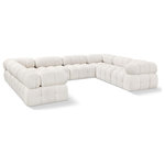 Meridian Furniture - Ames Boucle Fabric U-Shaped Modular Sectional, Cream, 8-Piece: 4 Armless Chair, 4 Corner Chair - Introduce a touch of modern sophistication to your living area with the exquisite Ames Boucle Fabric Sectional. With plush cream boucle fabric and unique design, it will elevate the visual appeal of your living space. This elegant and captivating sectional can be mixed and matched with other pieces from the collection to create an endless array of stunning looks. So, get ready to transform your living area into an inviting and stylish haven with the Ames Boucle Fabric Sectional.