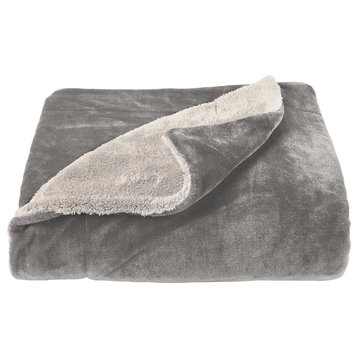 LHC Poly Fleece Sherpa Throw Blanket, Stone and White