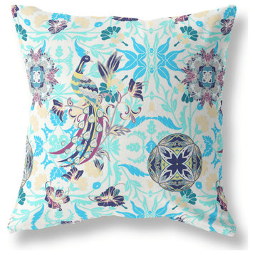 26" X 26" White And Blue Broadcloth Floral Throw Pillow