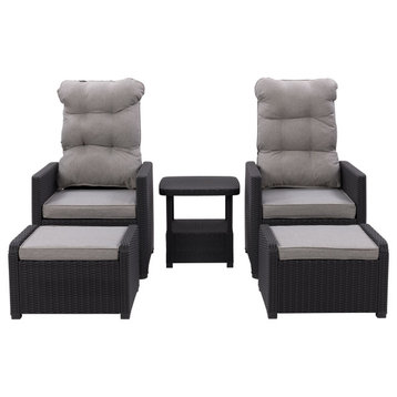 CorLiving Lake Front 5-Piece Rattan Patio Recliner and Ottoman Set, Black/Greige