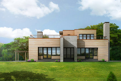 Example of a large minimalist brown two-story wood exterior home design in New York