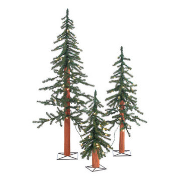Pre-Lit Alpine Trees With Clear Lights, Set of 3