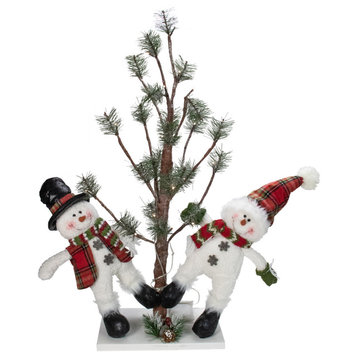34" Snowmen Friends With Pre-Lit LED Pine Tree Christmas Tabletop Decor