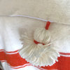 Handwoven Pom Pom Wool Blanket Off-White With Orange Stripes, 78in X118in