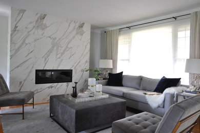 Mid-sized transitional formal and open concept carpeted living room photo in Toronto with gray walls, a standard fireplace, a stone fireplace and no tv