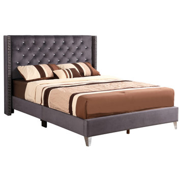 Julie Gray Tufted Upholstered Low Profile Queen Panel Bed
