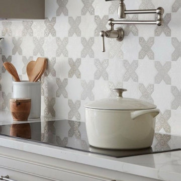 Star and Cross Stone Tile Backsplash In Modern Farmhouse Kitchen Design