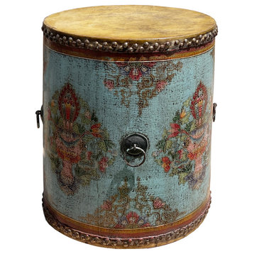 Distressed Chinese Tibetan Drum Shape Light Blue Floral Side Table Hcs7600