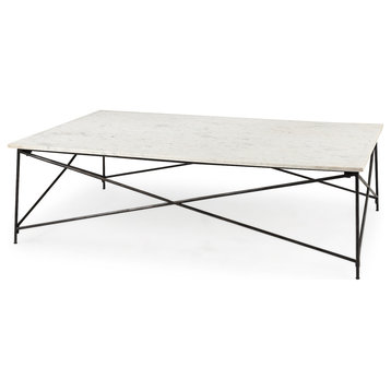 Lorlei I 59x35x15.5 White Marble Top, X-Shaped Antique Gold Iron Coffee Table