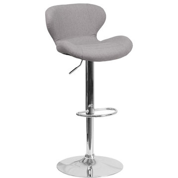 Contemporary Gray Fabric Adjustable Height Barstool, Curved Back and Chrome Base