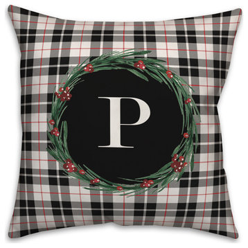 Black Plaid Monogram Wreath P 18x18 Spun Poly Pillow