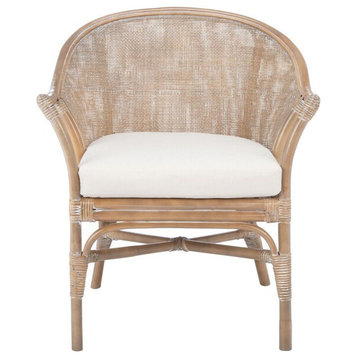 Stella Rattan Accent Chair With Cushion, Gray Whitewash/White