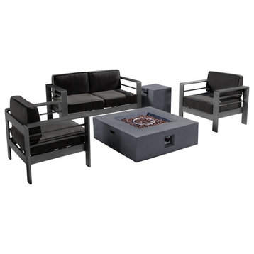 GDF Studio 5-Piece Coral Bay Outdoor Aluminum Loveseat Chat Set With Fire Table, Dark Gray