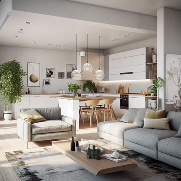 Scandinavian living room with open kitchen