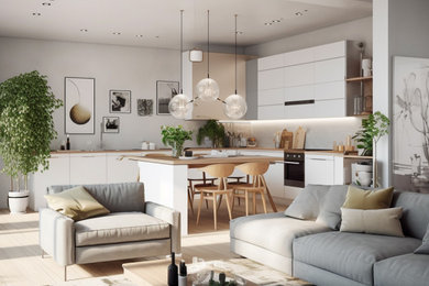 Mid-sized danish open concept beige floor living room photo in Other with white walls and no tv